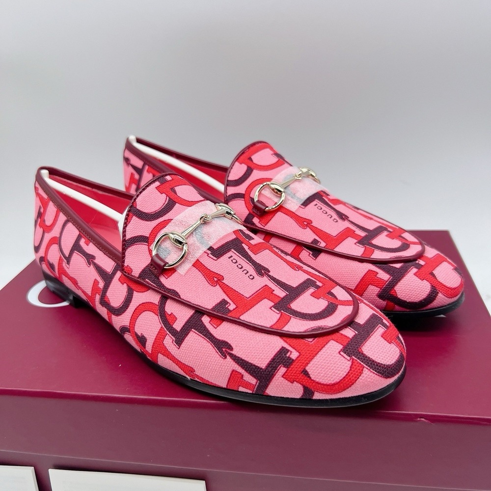 Gucci Jordaan Womens Horsebit Flat Loafer Pink Canvas LOGO EU 39 US 9 $990 - Picture 6 of 15